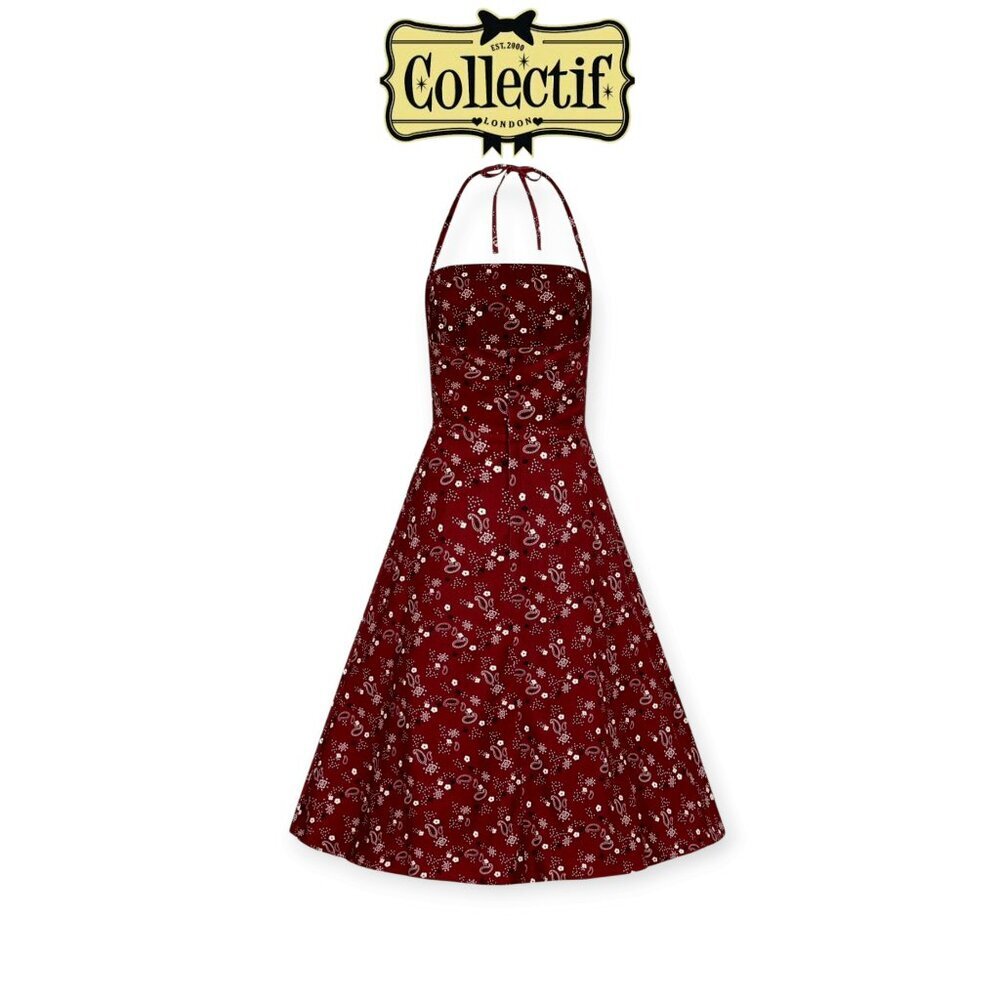 Collectif Burgundy Bandana Print Halter Dress Cotton Sateen Size Medium